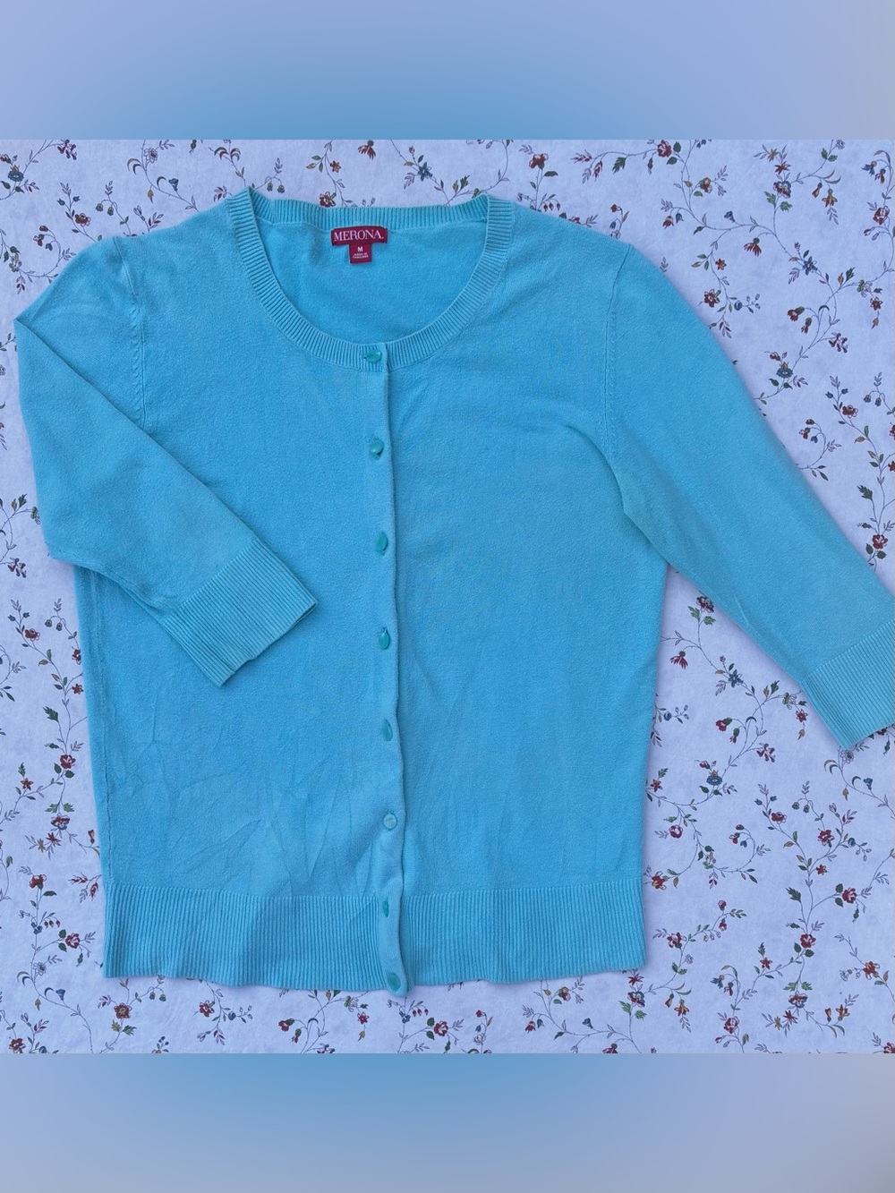 Merona Turquoise Quarter sleeve Crewneck Button Cardigan